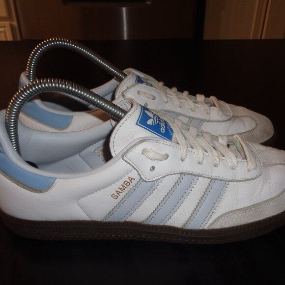 adidas Samba White and Light Blue Athletic Shoes - Picture 3 of 12